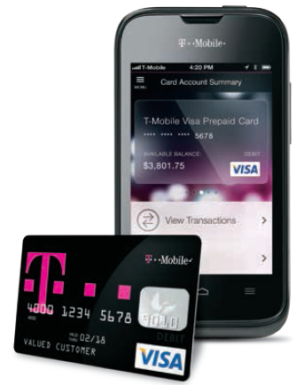 A mobile money by T-mobile mobile phone and debit card