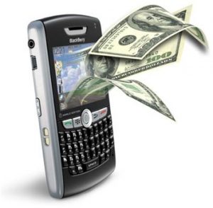A BlackBerry phone with money coming out of it