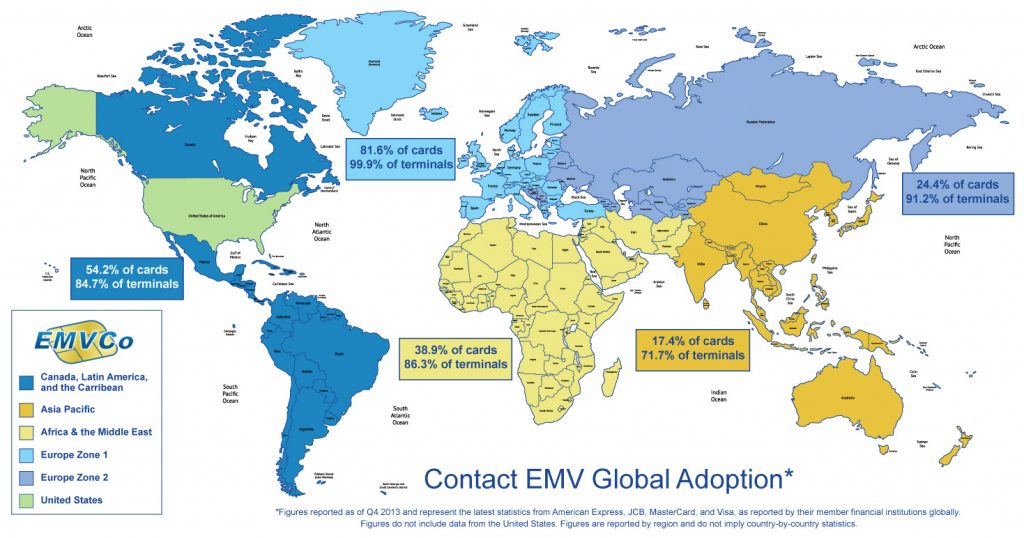 A world map showing deployment of EMV chip technology