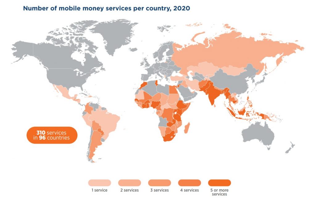 Number of mobile money services per country