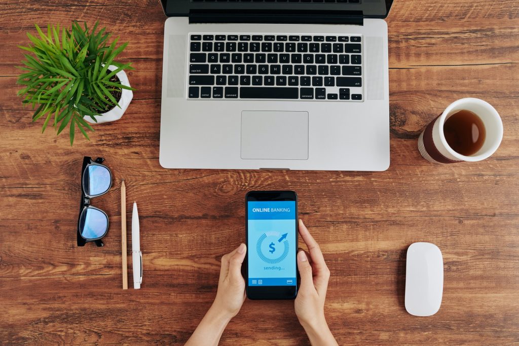 Woman paying with banking app
